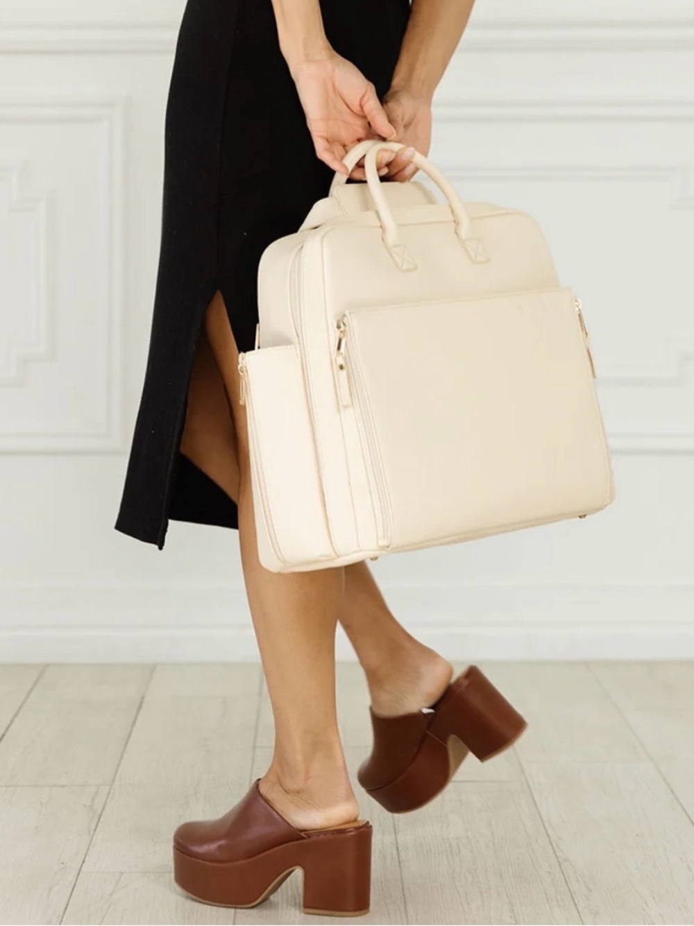 Cream Structured Tote Bag with Front Pocket